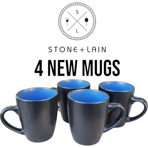 NEW Stone Lain 4 Piece Stoneware mugs cups Coffee Tea dishes Dinnerware Set Blu - Picture 1 of 12